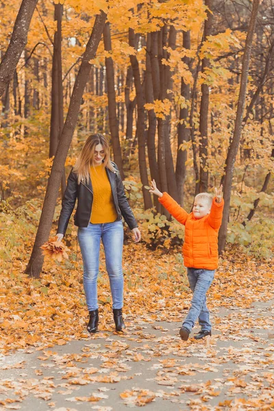 母亲和儿子在秋天的公园里散步，欣赏美丽的秋天的大自然。季节、单亲和子女概念. — 图库照片