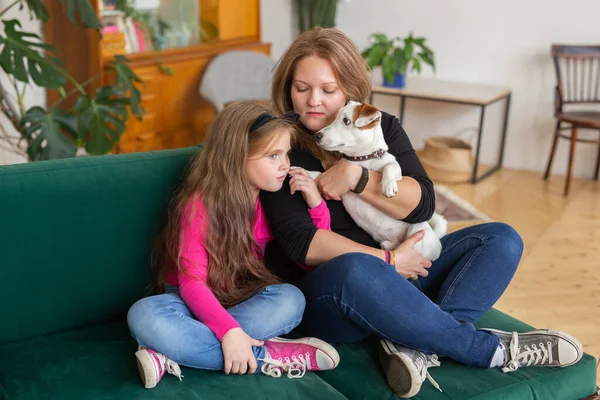 Retrato de dos personas madre encantadora y su abrazo de niño. Son pasar tiempo libre juntos sentarse cómodo diván en el interior. Concepto familiar. —  Fotos de Stock