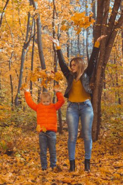 Bekar ebeveynler sonbahar yapraklarıyla parkta oynuyorlar. Mutlu anne ve oğul sonbahar yapraklarını sonbahar parkına atıyorlar..
