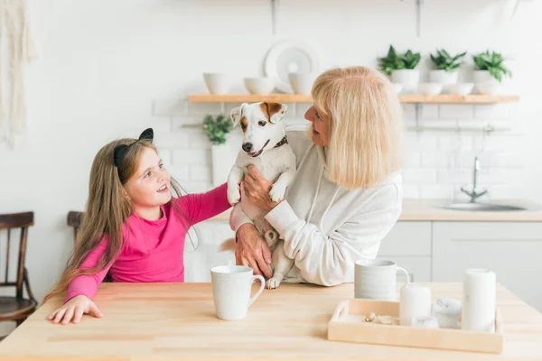 Bonne petite-fille et grand-mère dans la cuisine avec Jack Russell terrier chien. Grand-mère et petit-enfant passent du temps ensemble à la maison. Personnes âgées, concept de famille et de génération. — Photo