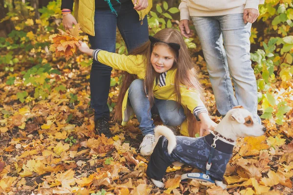 Barnflicka med hund i höst natur — Stockfoto