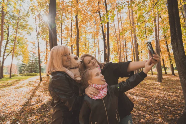 Tři generace žen a psů pocit zábavy pohled na fotoaparát pózování pro autoportrét obrázek společně, zábavné vzrušené dítě, maminka a babička se baví užít víkend vzít selfie na gadget na podzim — Stock fotografie