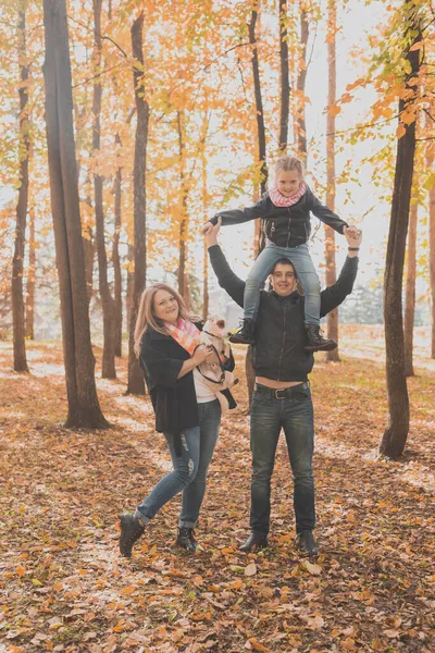 Rodzina spędza czas w jesiennym parku z psem. Ojciec, matka i córka oraz Jack Russell Terrier bawią się jesienią — Zdjęcie stockowe
