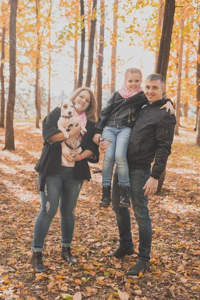 A família passa o tempo no parque de outono com um cão. Pai, mãe e filha e jack russell terrier cão se divertindo no outono — Fotografia de Stock