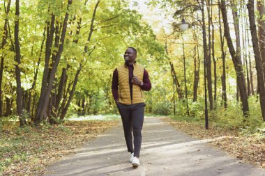 Afrikalı Amerikalı öğrenci sonbahar sezonunda parkta yürüyor.