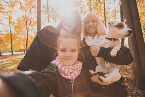 Мати, бабуся і маленька онучка з джек-російським тер'єром собака бере селфі за допомогою смартфона на відкритому повітрі восени. Сім'я, домашні тварини та концепція покоління — стокове фото