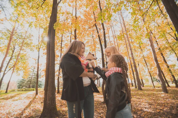 Madre y abuela e hija sostiene jack russell terrier y juega con él en otoño afuera. Concepto de mascotas y familia —  Fotos de Stock
