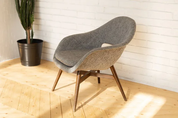 Fauteuil gris confortable et plante verte en pot. Concept intérieur et mobilier. — Photo