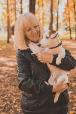 Sonbahar parkında köpeğini kucaklayan kıdemli bir kadın. Etkin yaşlanma ve evcil hayvan konsepti.
