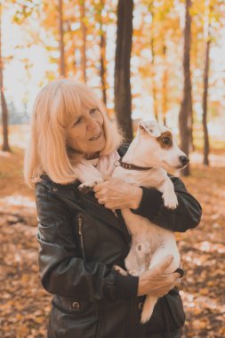 Sonbahar parkında köpeğini kucaklayan kıdemli bir kadın. Etkin yaşlanma ve evcil hayvan konsepti.