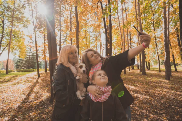 Madre, abuela y nieta pequeña con gato russell terrier perro tomando selfie por teléfono inteligente al aire libre en la naturaleza de otoño. Familia, mascotas y concepto de generación —  Fotos de Stock