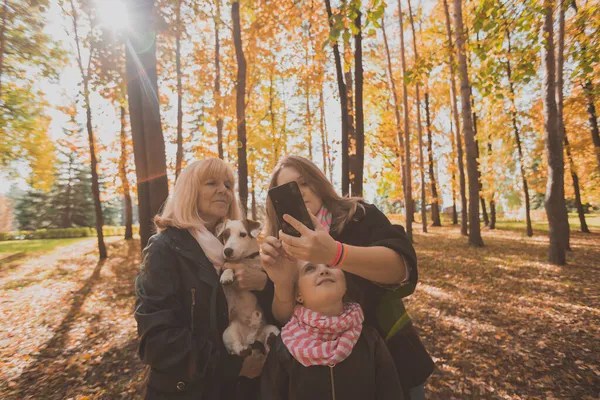 Anne, büyükanne ve Jack Russell Terrier köpekli küçük torun sonbahar doğasında akıllı telefon ile selfie çekiyorlar. Aile, evcil hayvanlar ve jenerasyon konsepti — Stok fotoğraf