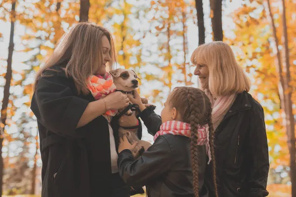 Abuela y madre con nieta divirtiéndose con el perro en temporada de otoño. Generación, ocio y concepto familiar —  Fotos de Stock