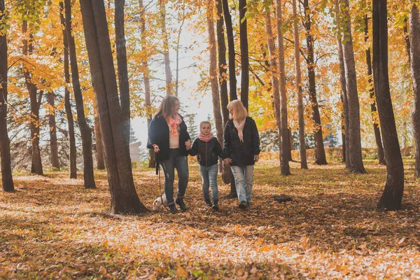 Großmutter und Mutter mit Enkelin spazieren gemeinsam durch den Herbstpark und haben Spaß. Generation, Freizeit und Familienkonzept. — Stockfoto