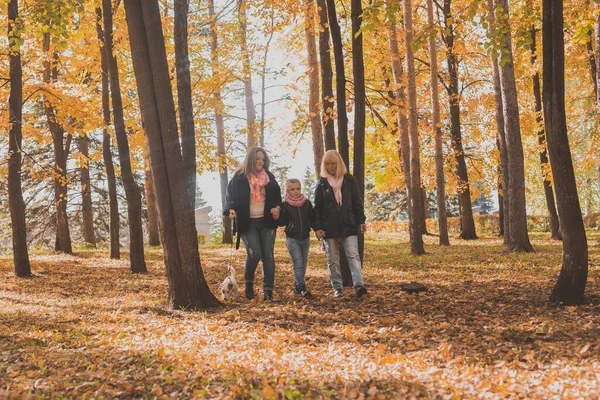 Großmutter und Mutter mit Enkelin spazieren gemeinsam durch den Herbstpark und haben Spaß. Generation, Freizeit und Familienkonzept. — Stockfoto