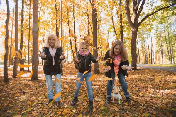 할머니와 할머니는 손녀와 함께 가을 공원에서 낙엽을 던지고 즐기고 있다. 세대, 여가 및 가족 개념. — 스톡 사진