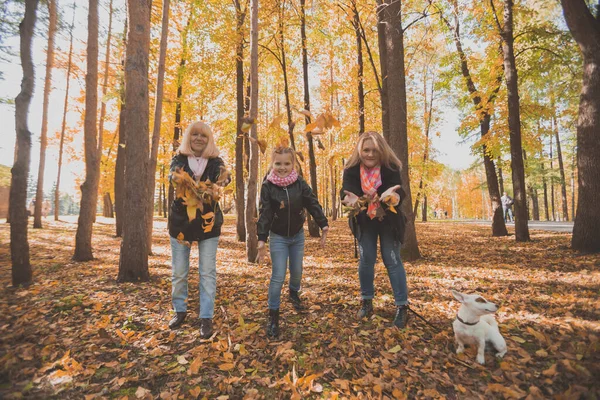 Abuela y madre con nieta vomitan hojas de otoño en el parque de otoño y se divierten. Generación, ocio y concepto familiar. —  Fotos de Stock