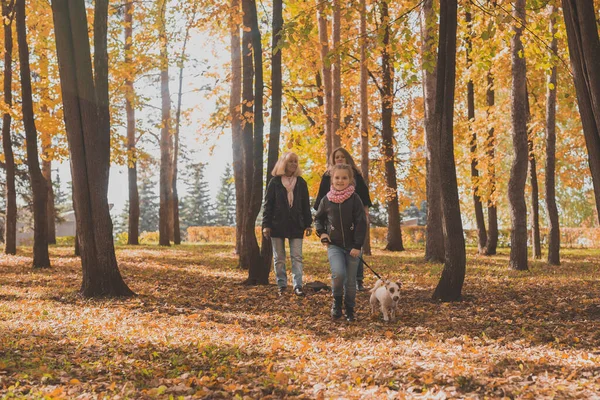 Großmutter und Mutter mit Enkelin spazieren gemeinsam durch den Herbstpark und haben Spaß. Generation, Freizeit und Familienkonzept. — Stockfoto