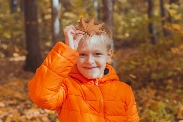 Retrato de niño feliz en chaqueta naranja en el parque de otoño. Temporada de otoño y concepto de niños —  Fotos de Stock