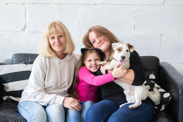 Feliz nieta y abuela e hija sentadas en el sofá con Jack Russell Terrier Dog. La abuela abraza al nieto en casa. Relación, familia y concepto de tres generaciones. —  Fotos de Stock