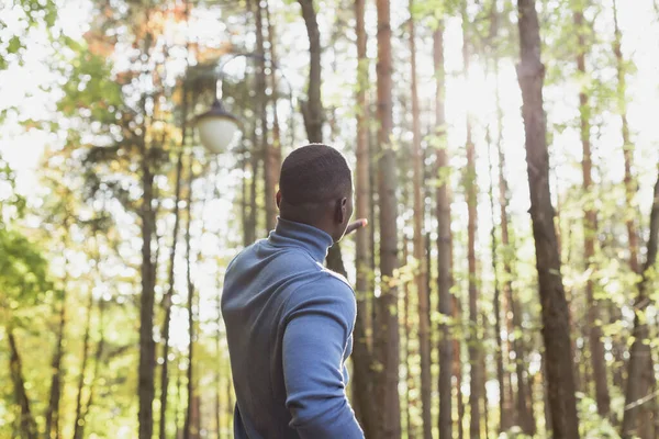 Hombre afroamericano respirando fresco y mirando el sol de pie en el parque de primavera al aire libre. Bienestar y concepto de relajación. — Foto de Stock