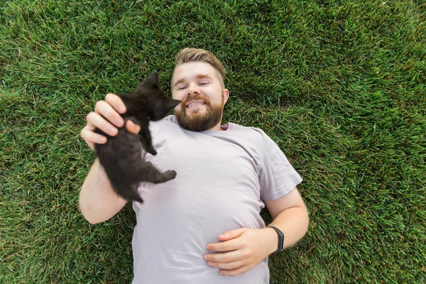 Man Little Kitten Lying Playing Grass Friendship Love Animals Pet — 스톡 사진