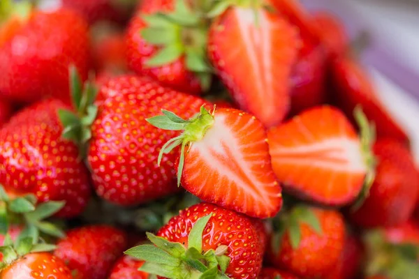 Jordgubbar Färska Ekologiska Bär Makro Frukt Bakgrund Hälsosam Vitaminmat — Stockfoto
