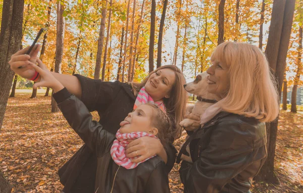 Three generations of women and dog feel fun look at camera posing for self-portrait picture together, funny excited child, mom and grandmother have fun enjoy weekend take selfie on gadget on autumn