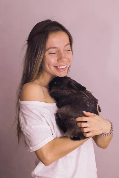 Young Woman Adorable Rabbit Indoors Close Lovely Pet Animal — Stock Photo, Image