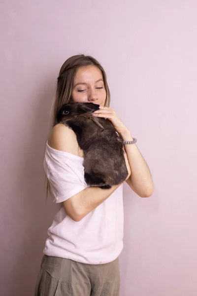 Young Woman Adorable Rabbit Indoors Close Lovely Pet Animal — Stock Photo, Image