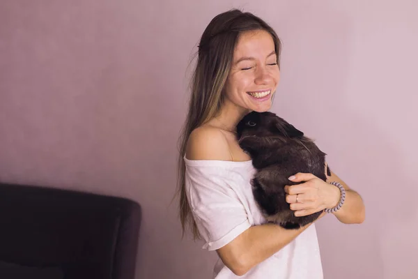 Woman Holding Cute Fluffy Rabbit Animal Pet — Stock Photo, Image