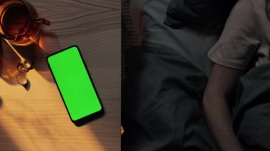 Yatakta bir kadın akıllı telefonun yeşil ekranını tıklatıyor.