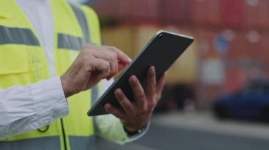 Depo limanında tablet kullanan adama yaklaş.