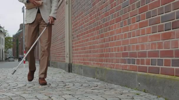 Hombre con discapacidad usando bastón y llevando bolsa de comestibles — Vídeos de Stock