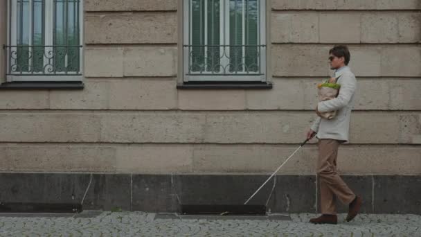 Persona con discapacidad visual que lleva bolsa de comestibles al aire libre — Vídeos de Stock