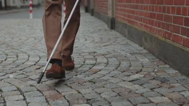 Hombre sin vista llevando bolsa de comestibles mientras camina por la calle — Vídeos de Stock