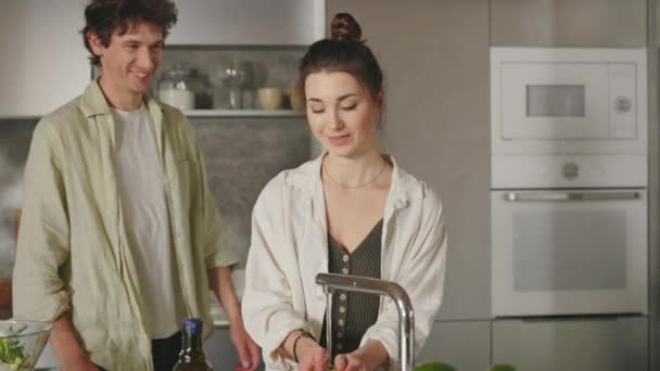 Happy couple enjoying cooking on domestic kitchen — Stock Video