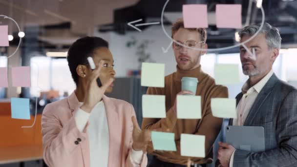Young multiracial girl showing colleagues her problem solution on glass board. Team of mixed ethnic managers using glass board and sticky notes on corporate meeting. Concept of teamwork. — Stock Video