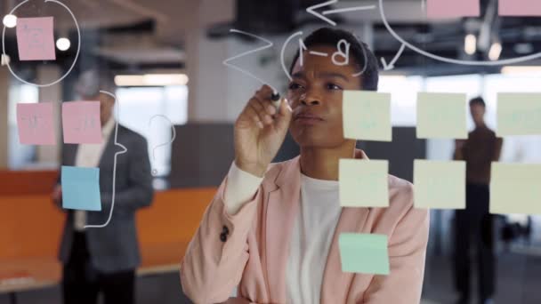 Närbild av kvinnliga kontorsarbetare med hjälp av glasskiva och föreslå hennes problemlösning medan du skriver det. Olika medarbetare som har bolagsmöte och står nära glasvägg med klibbiga anteckningar. — Stockvideo