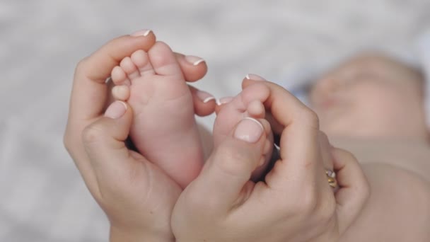 Close up of mothers hands holding tiny legs of newborn son — Stock Video