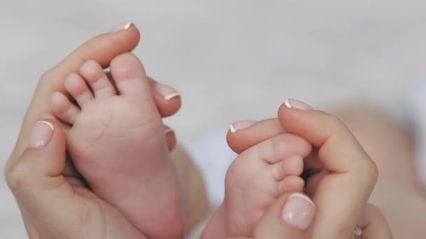 Diminutos pies desnudos de bebé en manos de madres suaves — Vídeo de stock
