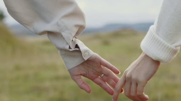 Dos lesbianas amorosas manteniendo sus manos juntas al aire libre — Vídeo de stock