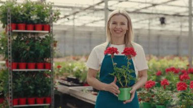 Dişi bahçıvan elinde çiçekle rafın yanında duran bir demlik tutuyor ve bitkiler kameraya bakıyor. Halk ve meslek kavramı