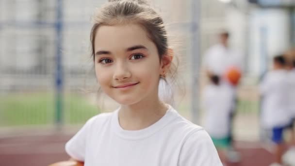 Portrait Little Schoolgirl Attending Sport Classes Outdoor Coach Looking Camera — Stockvideo