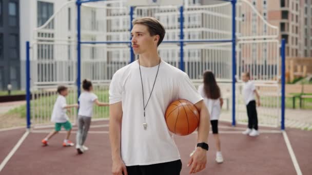 Sport School Trainer Standing Playground Holding Ball Man Moustache Turn — Αρχείο Βίντεο