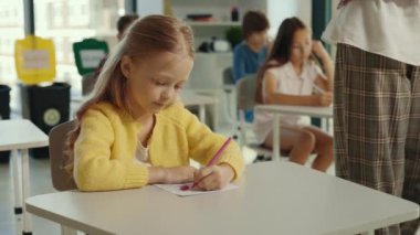 Beautiful long-haired blonde pupil sits at a desk at school and fills out tests, and the teacher in the background gives an assignment. People and educational concept