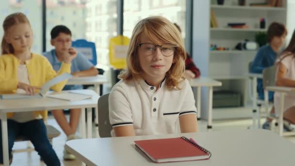 Portrait Red Head Pupil Wearing Glasses Sitting First Desk Classroom — Video Stock