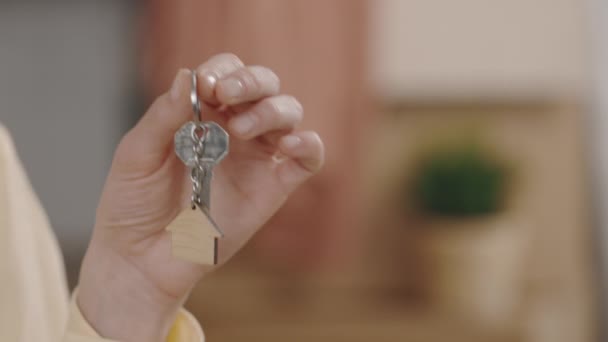Close Female Hands Holding Key House Keychain Hand Blurred Background — Video
