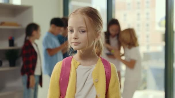 Portrait Smiled Girl Pupil School Break Standing Class Holding Backpack — Vídeos de Stock