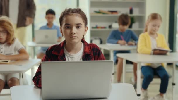 Portrait Girl Sitting Desk Laptop Class Computer Science Lesson Looking — Stockvideo